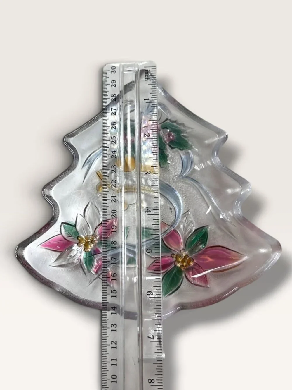 Christmas Tree-Shaped Glass Serving Dish With Hand-Painted Bells & Poinsettias H